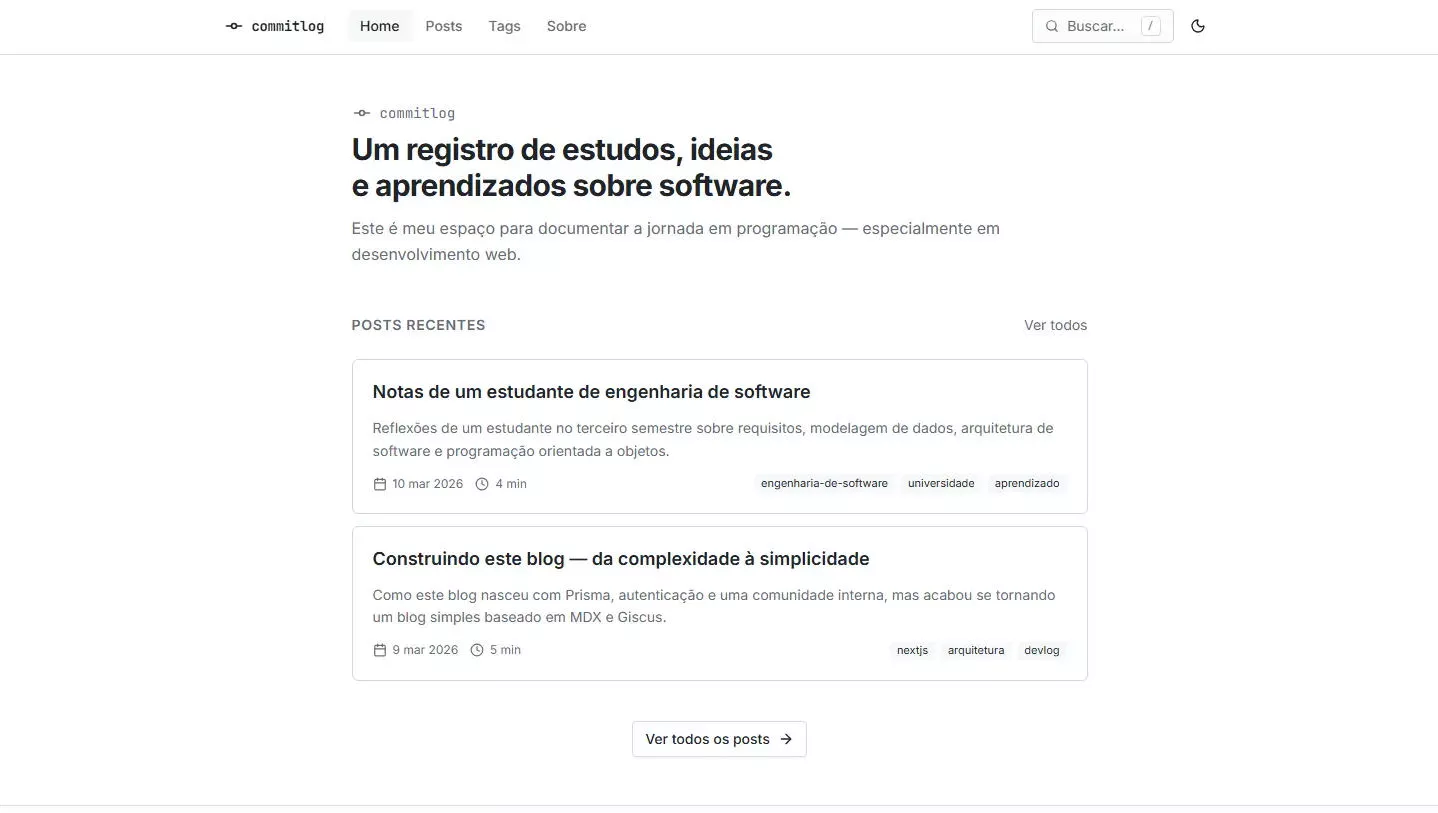 Preview do blog CommitLog com lista de artigos técnicos.